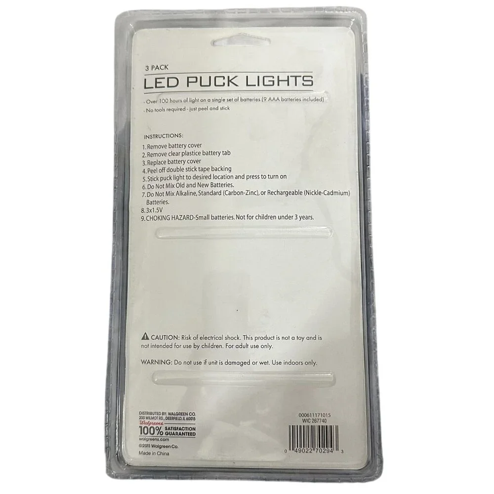 Living Solutions LED Puck Lights 3 Pack Black 100+ Hours of Light/Set Batteries